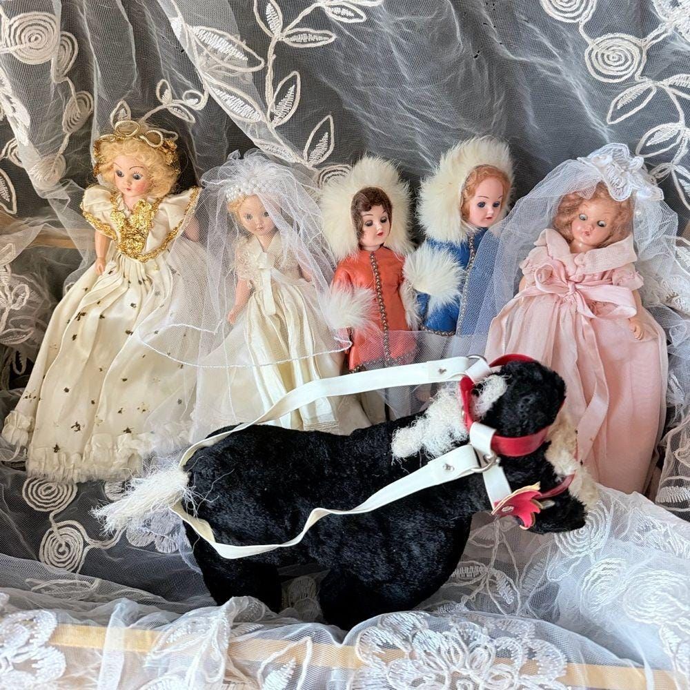 7 Vintage Doll Collection in Pink, White, Gold, Blue and Orange